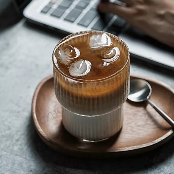 300ML Heat-resistant Glass Cup Straight Striped Glass Iced Latte Americano Cup Japanese Vertical Glass Water Milk Coffee Mug