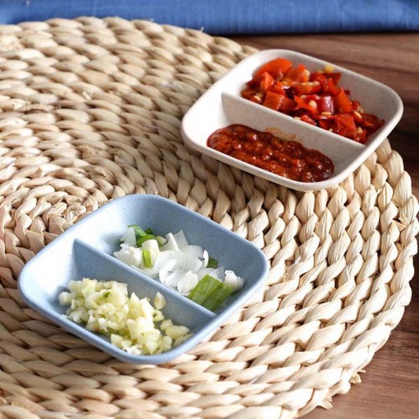 1Pc Home Kitchen Seasoning Tableware Snack Plate Dish Dish Wheat Straw Double Grid Small Dish Vinegar Soy Sauce Dish