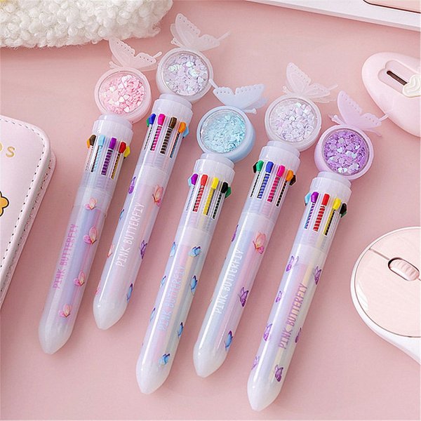 1Pc 10 Colors Ballpoint Pen Cartoon Butterfly Series Ballpoint Pen Quicksand Sequins Pens School Stationery Supply Grils Gift