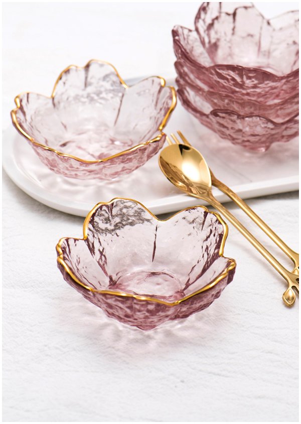 Small Glass Dish Nordic Style Gold Inlay Glass Sauce Bowl Mini Japanese Cherry Blossoms Seasoning Plate For Ice Cream Fruit Sala